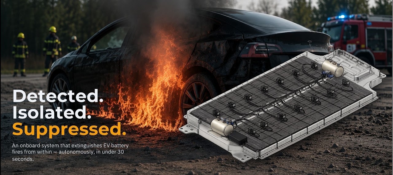 CERES poster: Detected. Isolated. Suppressed. An onboard system that extinguishes EV battery fires from within, autonomously, in under 30 seconds. Suppression manifolds and pressure vessels shown on an EV battery pack.