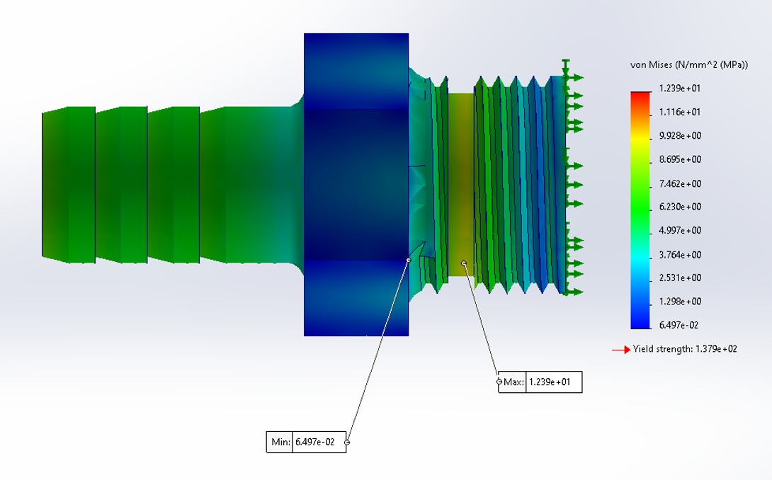 FEA von Mises stress plot of the adapter under load, peak 12.39 MPa against a 137.9 MPa yield strength