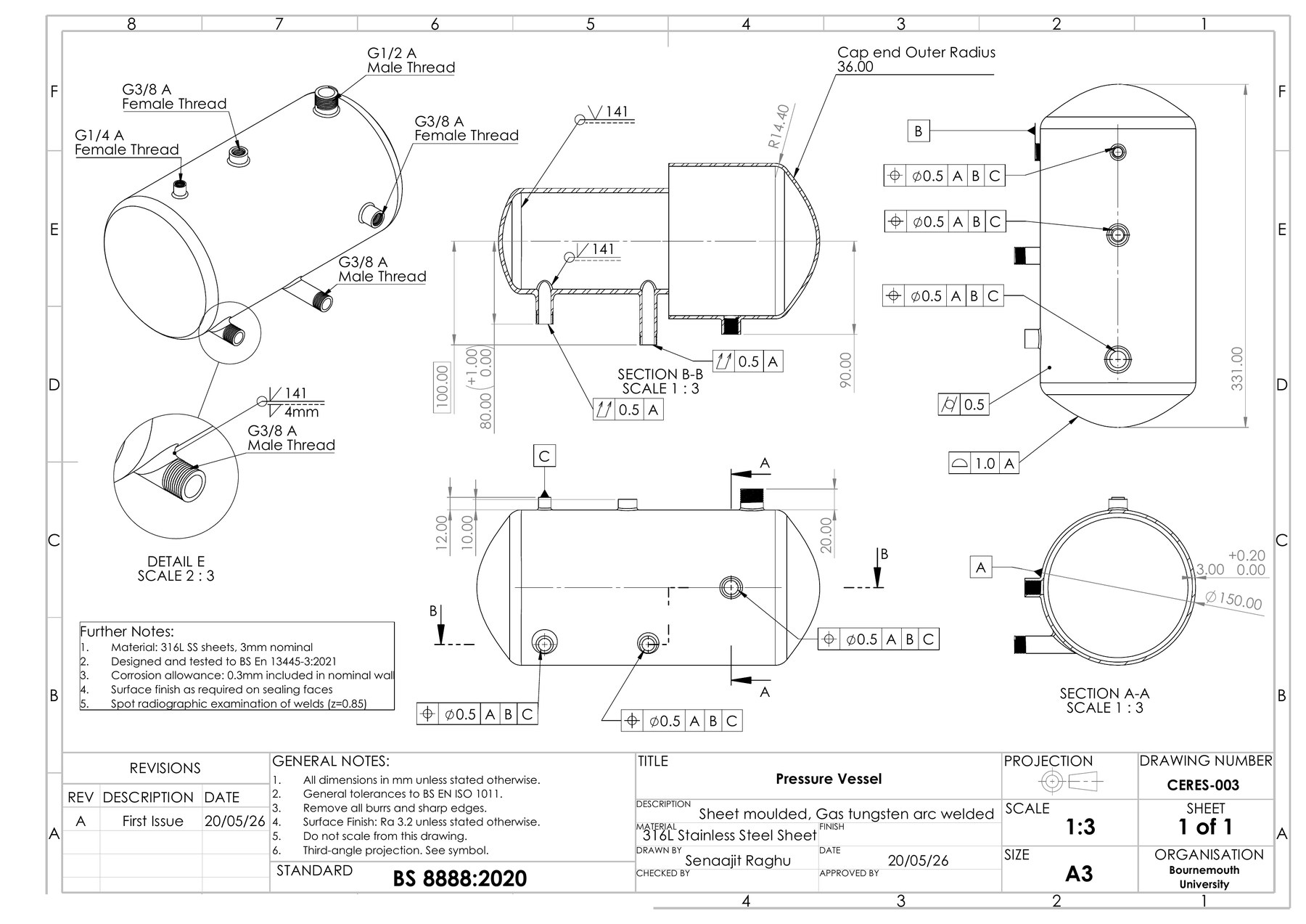 CERES-003 drawing: pressure vessel in 316L stainless sheet, gas tungsten arc welded, with sections and GD&T to BS 8888