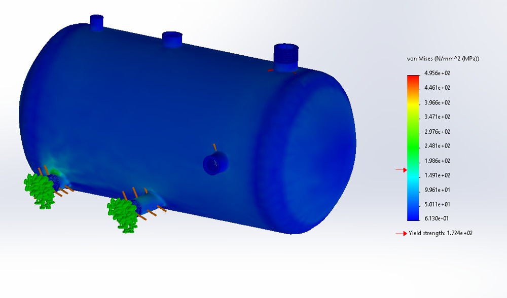 FEA von Mises stress plot of the full pressure vessel, showing the fixtures and nozzle load paths