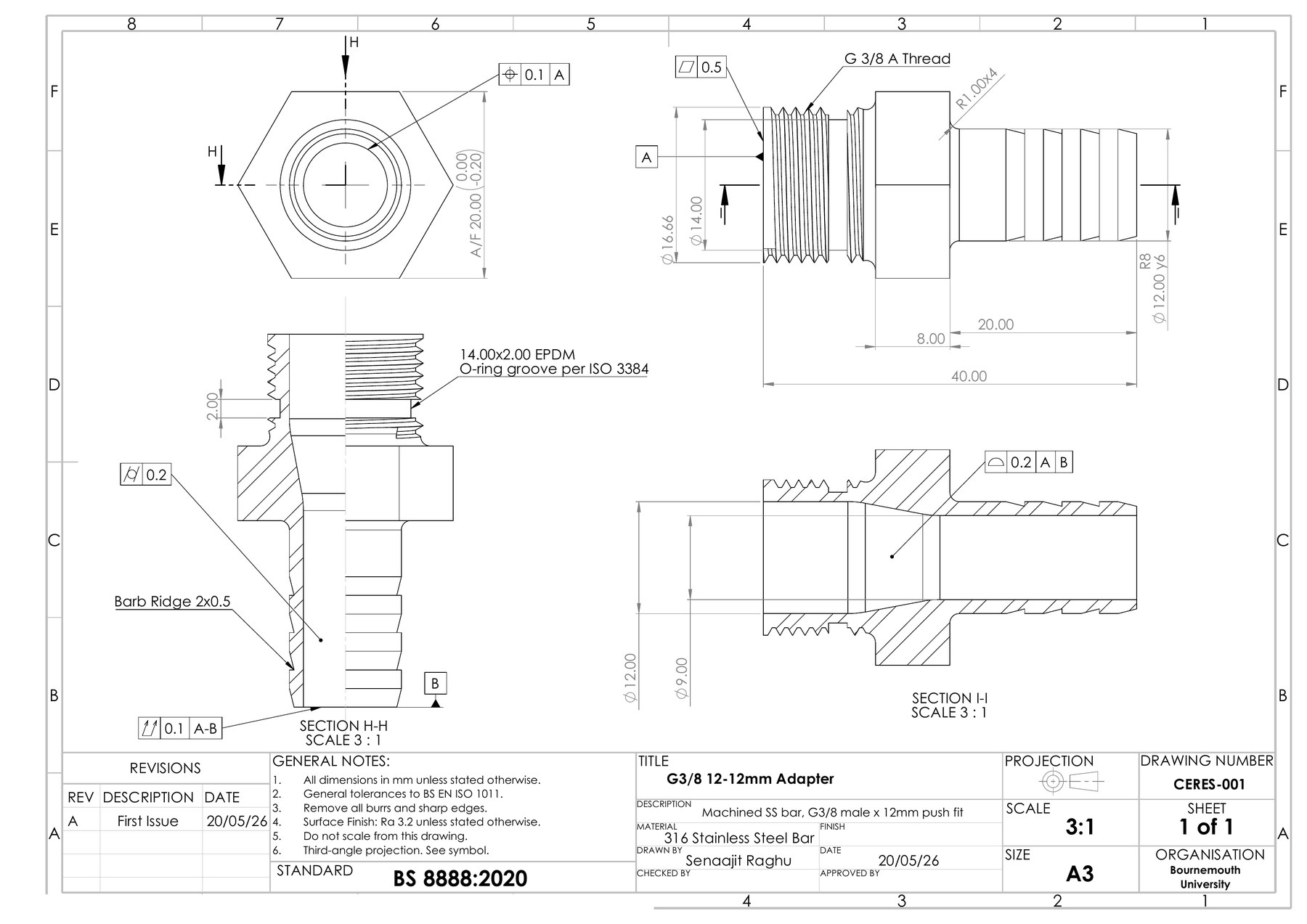CERES-001 drawing: G3/8 12-12mm adapter, machined 316 stainless, four views with GD&T to BS 8888