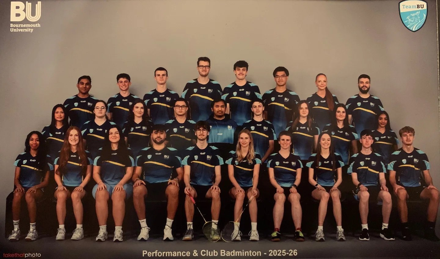 Bournemouth University Performance and Club Badminton team photo, 2025-26, with Senaajit in the back row